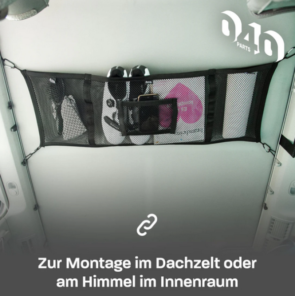 Aufbewahrungsnetz im Aufstelldach für VW T5, T6, T6.1 California mit Fächern und Befestigungsschlaufen.
